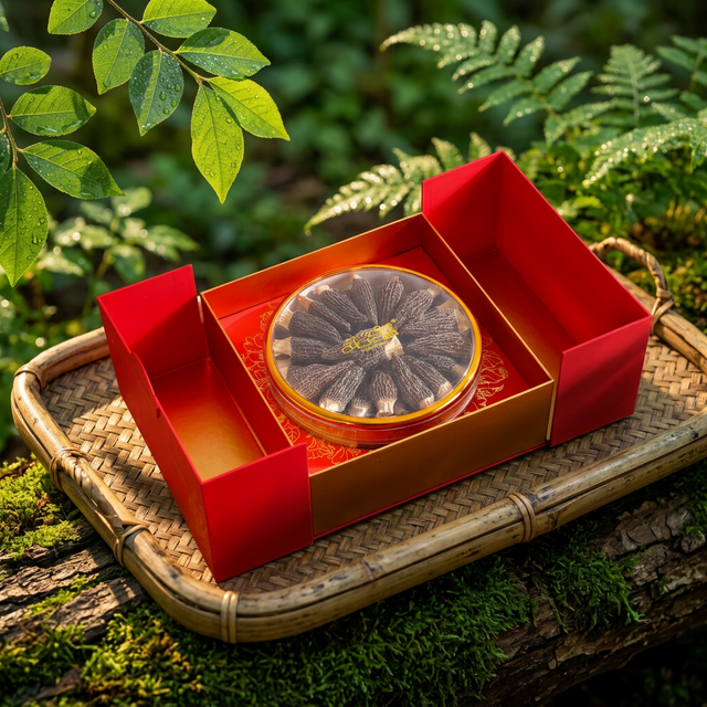 清晨采收的花姿盛金堂羊肚菌,竹托上菌体完整