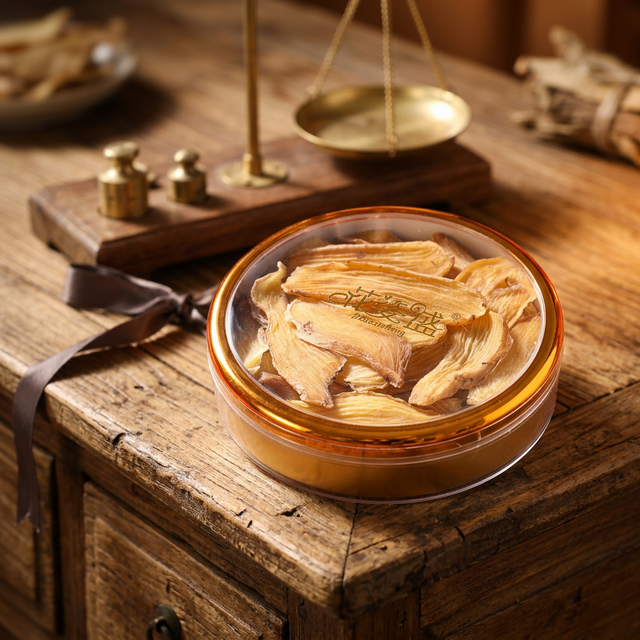 花姿盛天麻产品特写，传统药柜背景衬托道地品质