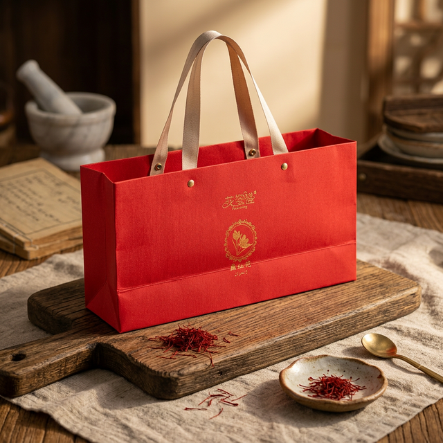 花姿盛特级藏红花花丝，木质砧板上的深红色完整花丝