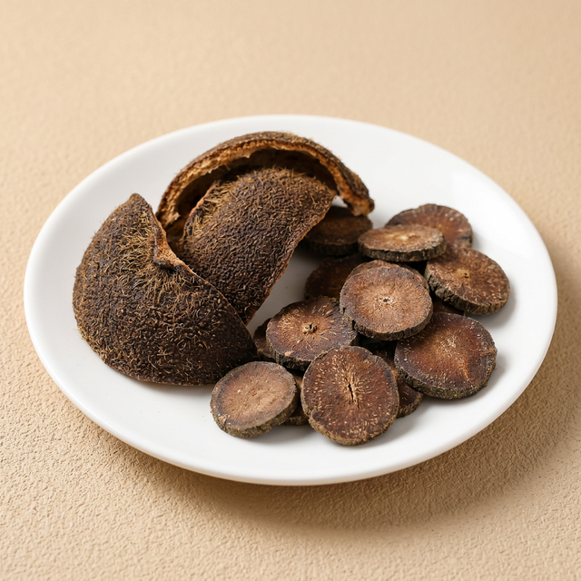 花姿盛化橘红毛橘红正毛级干片,白瓷盘上绒毛纹理清晰