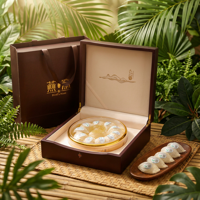 花姿盛燕窝产品特写，竹席上的天然燕盏与热带绿叶