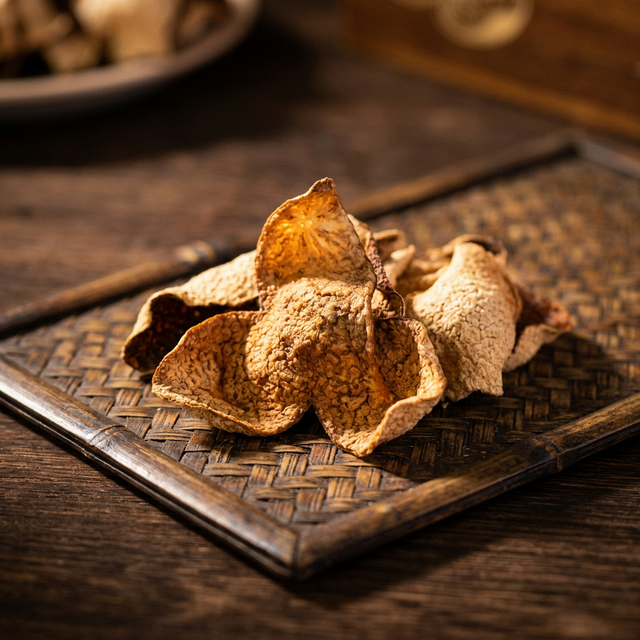 花姿盛新会陈皮特写,深色木质背景衬托陈皮纹理