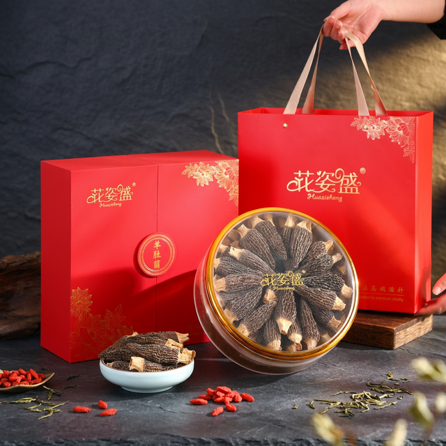 花姿盛金堂干羊肚菌特写,深棕色菌体纹理清晰可见