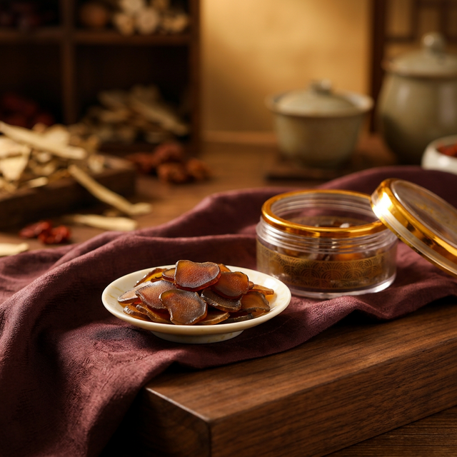 花姿盛长白山鹿茸蜡片产品特写,蜜蜡色半透明质地