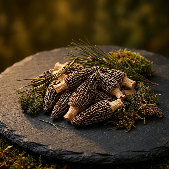 花姿盛金堂羊肚菌干货特写，蜂窝状菌盖纹理清晰