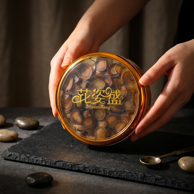 花姿盛鹿茸蜡片置于黑色石板上的产品特写