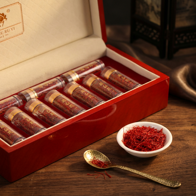 花姿盛伊朗特级藏红花花丝特写,深红色全丝置于胡桃木托盘