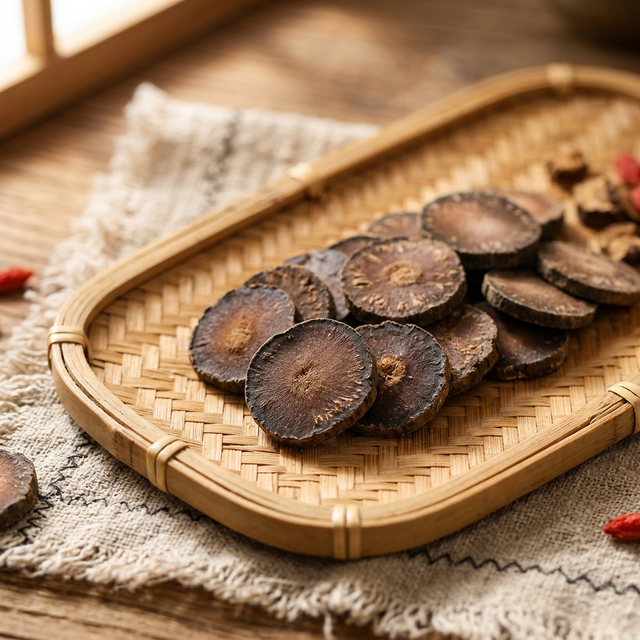 花姿盛化橘红干片置于竹编托盘上的工艺感特写