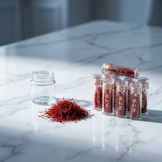 花姿盛伊朗特级藏红花花丝特写，深红全丝置于白色大理石面