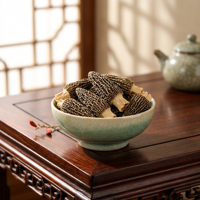 花姿盛金堂羊肚菌干品置于青瓷碗中，暖光映衬