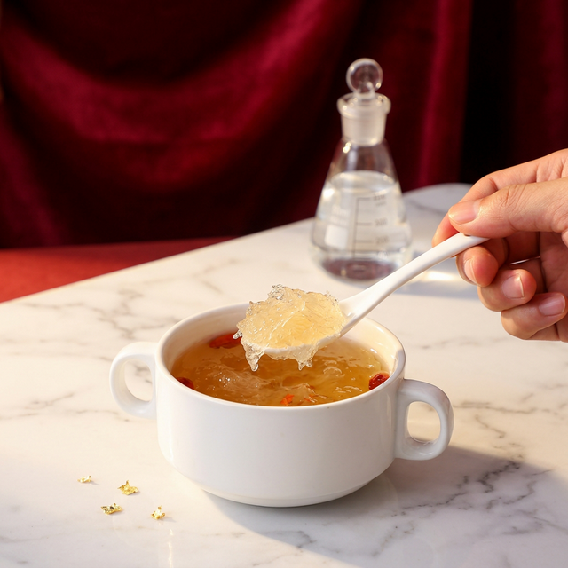 花姿盛燕窝特写，白色大理石上展示品质检测