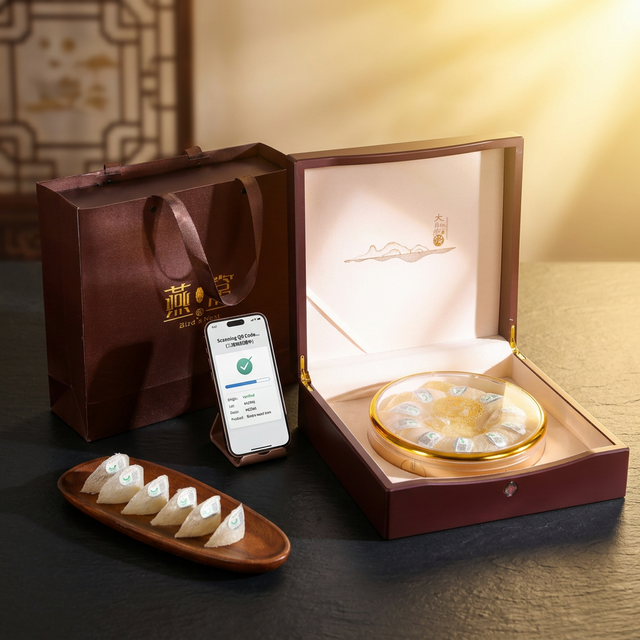 花姿盛燕窝搭配手机溯源扫码场景，深色石面展示