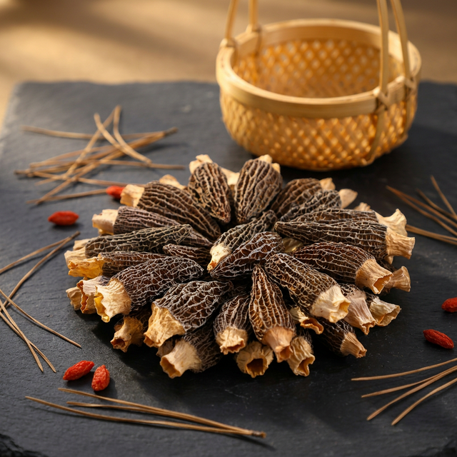 花姿盛金堂干羊肚菌产品特写,菌体饱满色泽自然