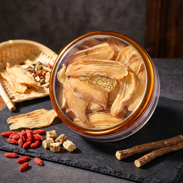 花姿盛秦岭天麻干片特写，质地饱满色泽淡黄