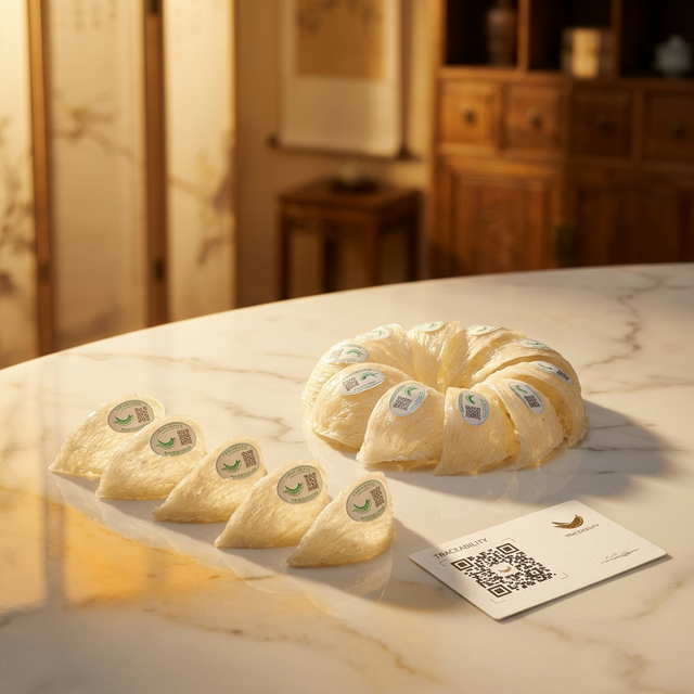 花姿盛溯源燕窝产品特写,白色大理石台面搭配溯源卡