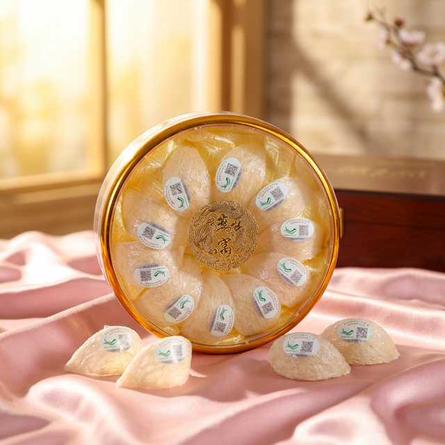 花姿盛燕窝产品特写,粉色绸缎上晨光映照燕盏