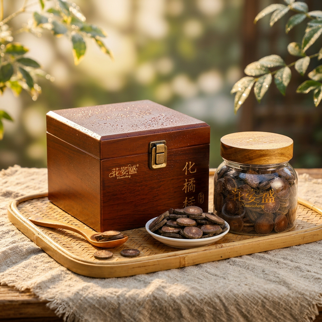 花姿盛化橘红正毛胎果竹托盘特写