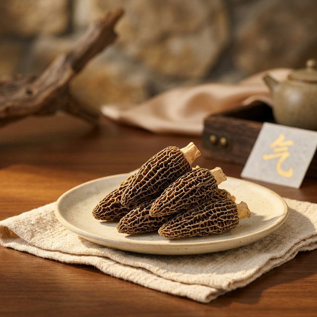 花姿盛干羊肚菌特写，蜂窝纹路清晰菌体饱满