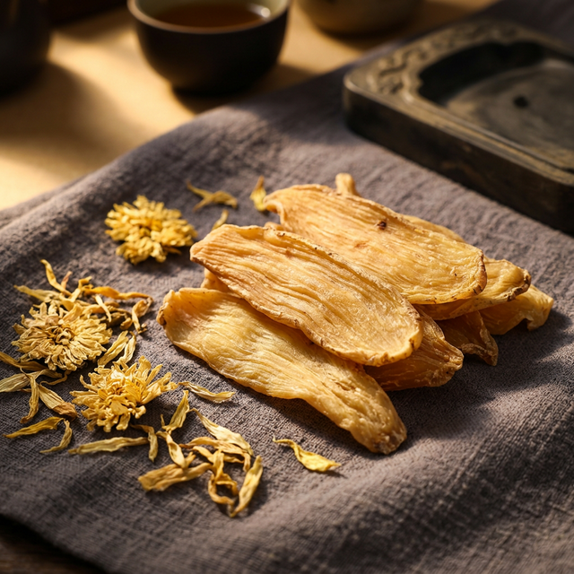 花姿盛天麻干品搭配菊花的中药材质感特写