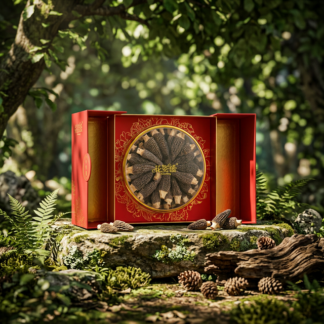 花姿盛干羊肚菌山林场景特写，苔藓石板上自然摆放