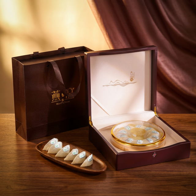 花姿盛马来西亚溯源燕窝干盏特写，天然米白色燕丝清晰可见