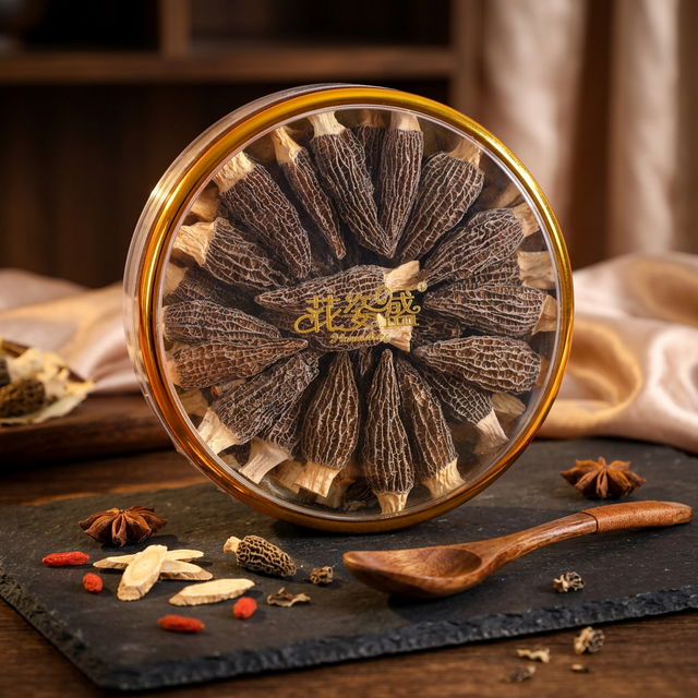 花姿盛金堂羊肚菌干品特写,棕褐色菌体饱满完整