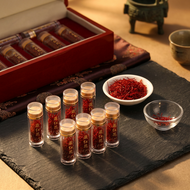 花姿盛伊朗特级藏红花花丝特写，深红色全丝无碎