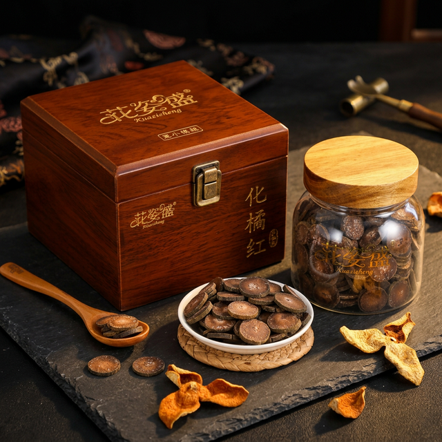 花姿盛化橘红干片特写，果皮厚实油胞清晰