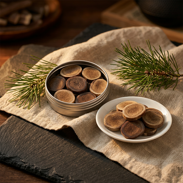 花姿盛长白山鹿茸蜡片搭配松针的产品特写