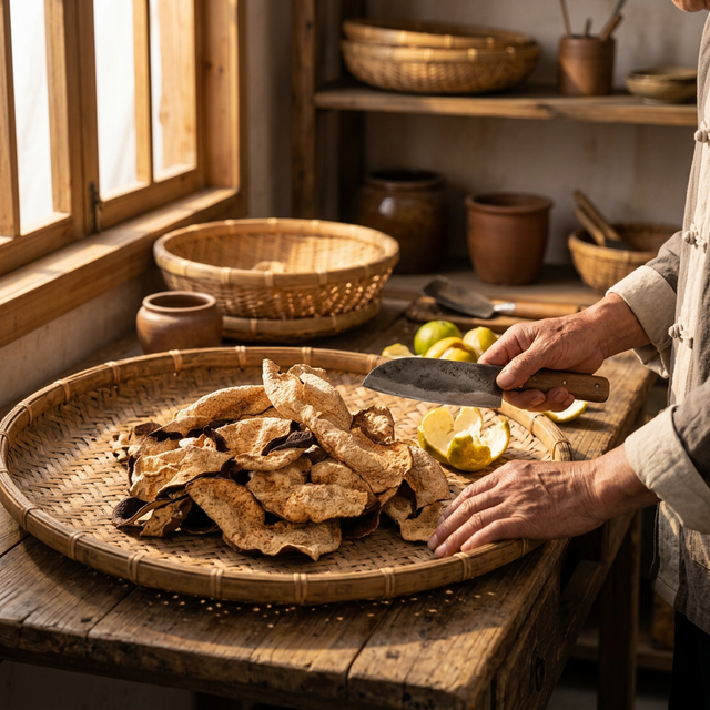 花姿盛新会陈皮在竹筛上的手工制作场景