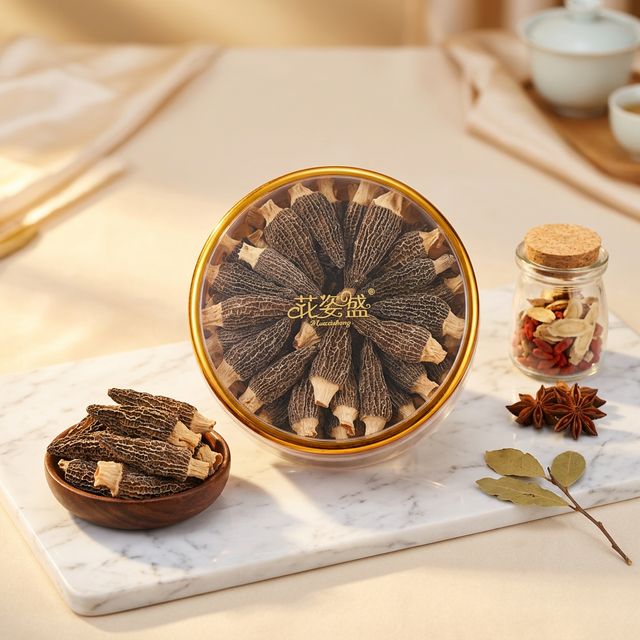 花姿盛羊肚菌干品近距离展示，蜂窝纹理清晰饱满