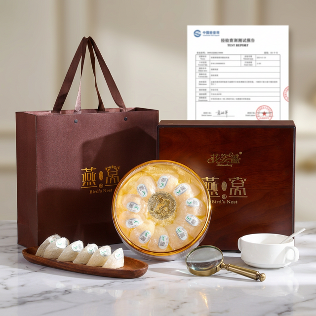 花姿盛燕窝干盏品质检测特写，天然米白色纹理清晰