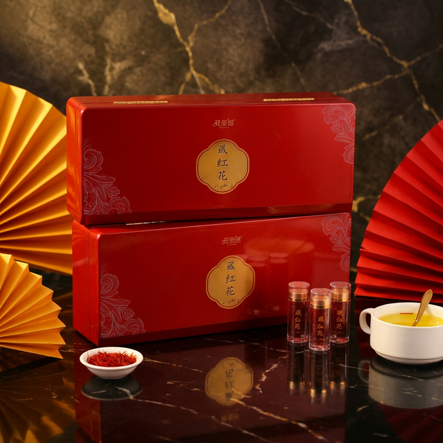 花姿盛伊朗Negin特级藏红花花丝近景，深红色全丝置于黑色大理石上