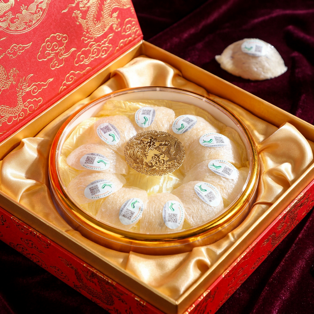 花姿盛燕窝高端礼盒特写，红金配色缎面内衬