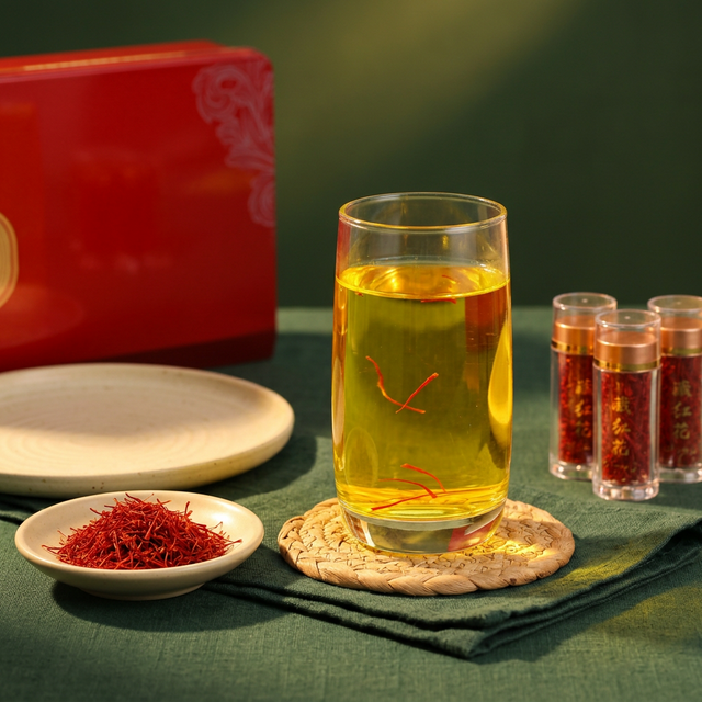 花姿盛Negin特级藏红花花丝特写，完整深红花丝置于陶瓷盘中