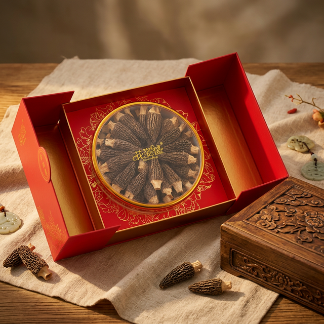 花姿盛羊肚菌干品展示，天然麻布衬底精致木盒