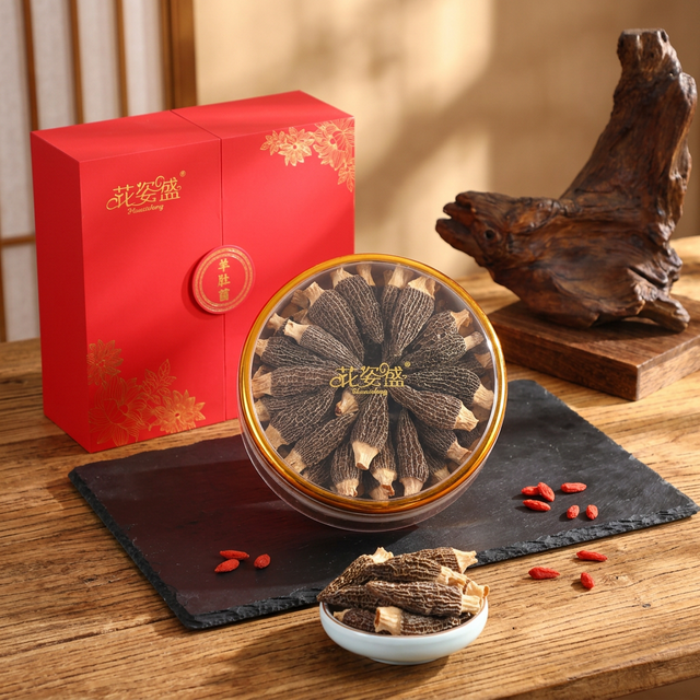 花姿盛金堂羊肚菌干品特写，菌体饱满纹路清晰