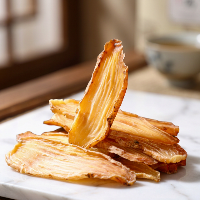 花姿盛冻干天麻干片特写，色泽自然质地疏松