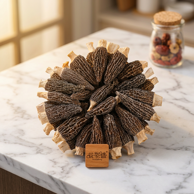 花姿盛羊肚菌干品近景,白石台面上菌体饱满色泽均匀