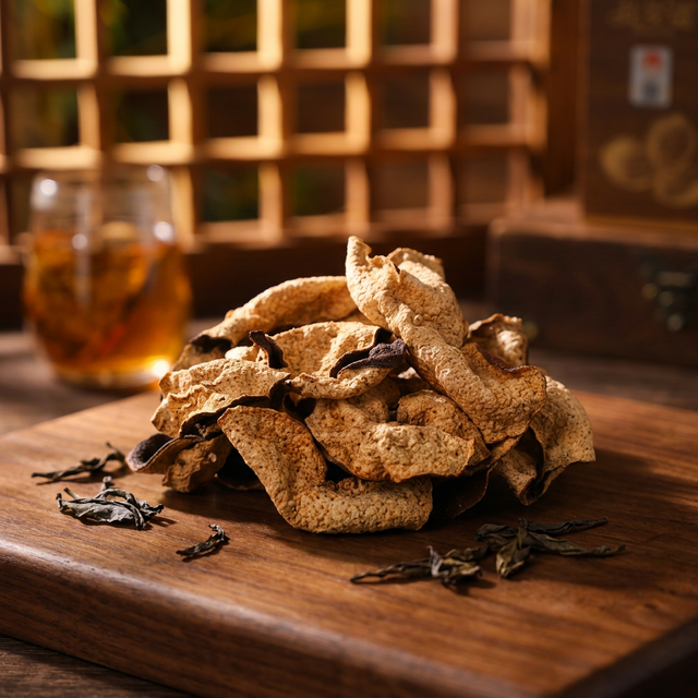 花姿盛新会陈皮产品特写，色泽红褐油润