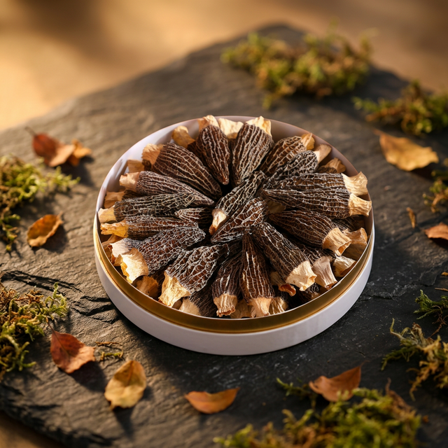 花姿盛金堂羊肚菌干品特写，蜂窝状纹理清晰饱满