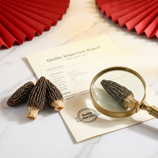 花姿盛羊肚菌干品搭配质检报告特写