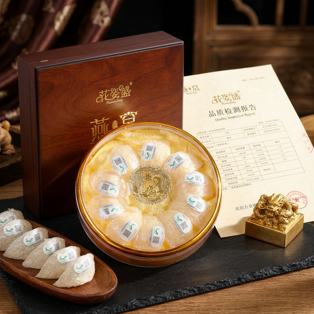 花姿盛燕窝产品与检测报告特写，品质可视化展示