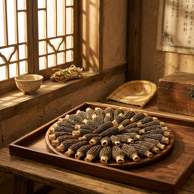 花姿盛金堂羊肚菌干品在木托盘上整齐排列