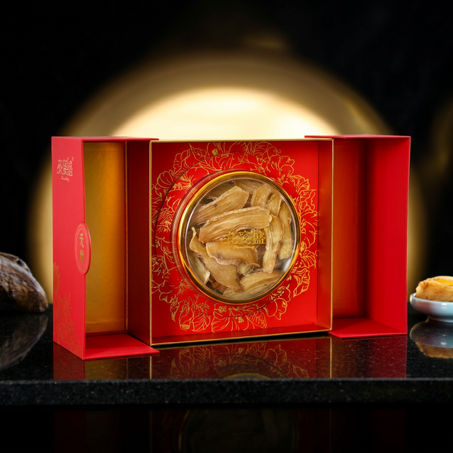 花姿盛冻干天麻产品特写，黑色背景金色光晕