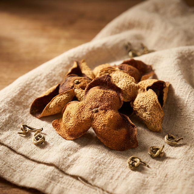 花姿盛新会陈皮特写，三瓣形态完整油室清晰