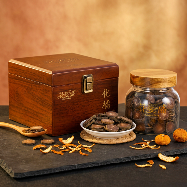 花姿盛化橘红雪花片特写，表面满天星绒毛清晰可见