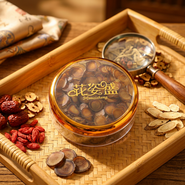 花姿盛鹿茸蜡片置于竹托盘上的品质特写