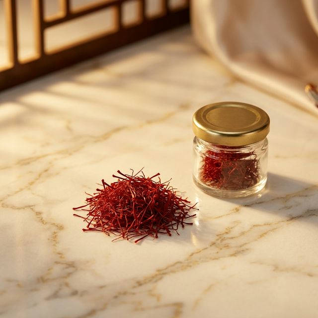 花姿盛伊朗藏红花全丝特写，暗红花丝完整无碎