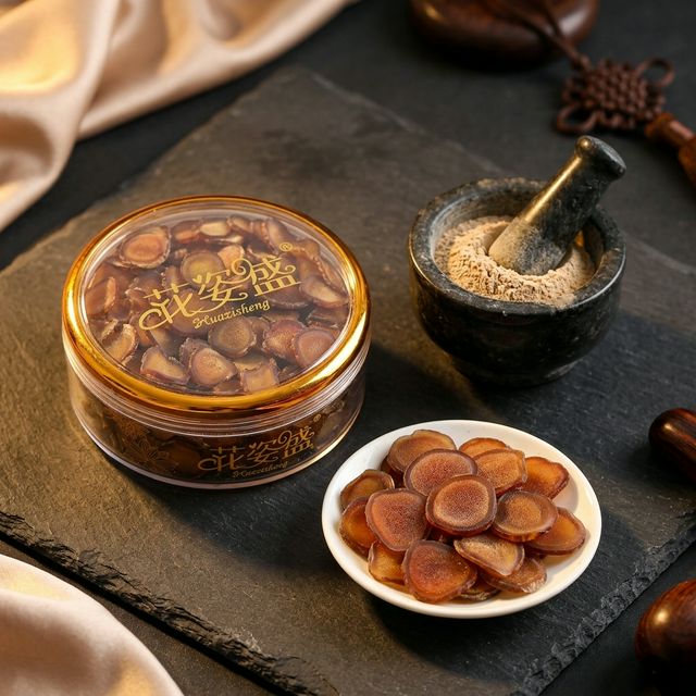 花姿盛长白山鹿茸蜡片特写，金黄色半透明质地